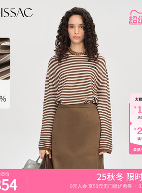 商场同款 摩萨克秋款休闲风圆领立体横条纹长袖套头衫女