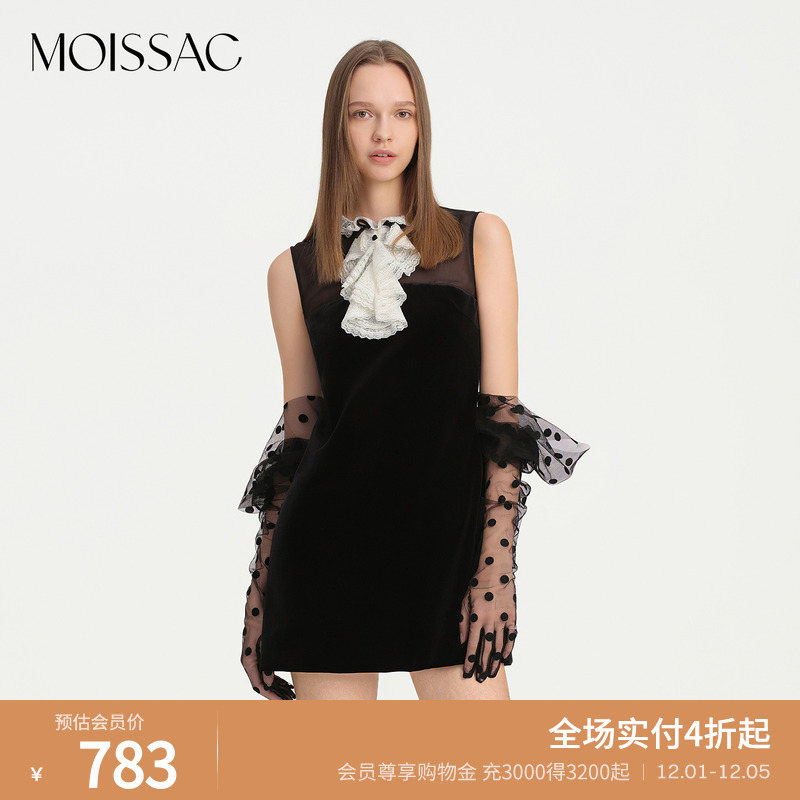 网纱蕾丝领黑色丝绒无袖连衣裙