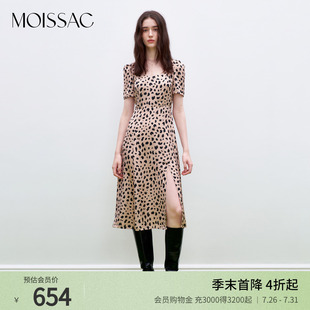 摩萨克方领开叉收腰豹纹波点印花连衣裙女早夏 商场同款