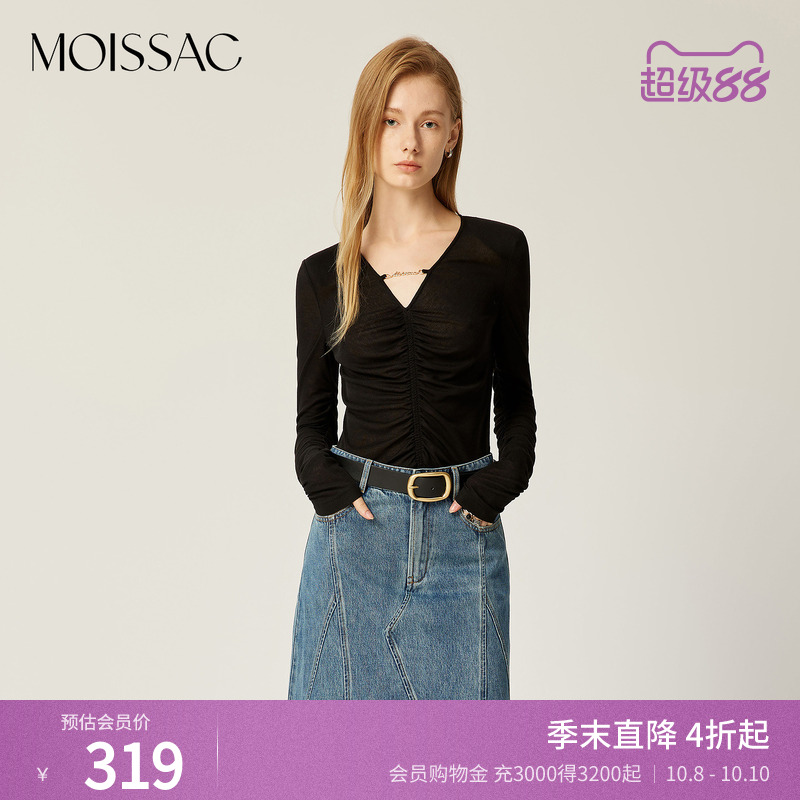 针织优雅修身抽褶V领小衫上衣
