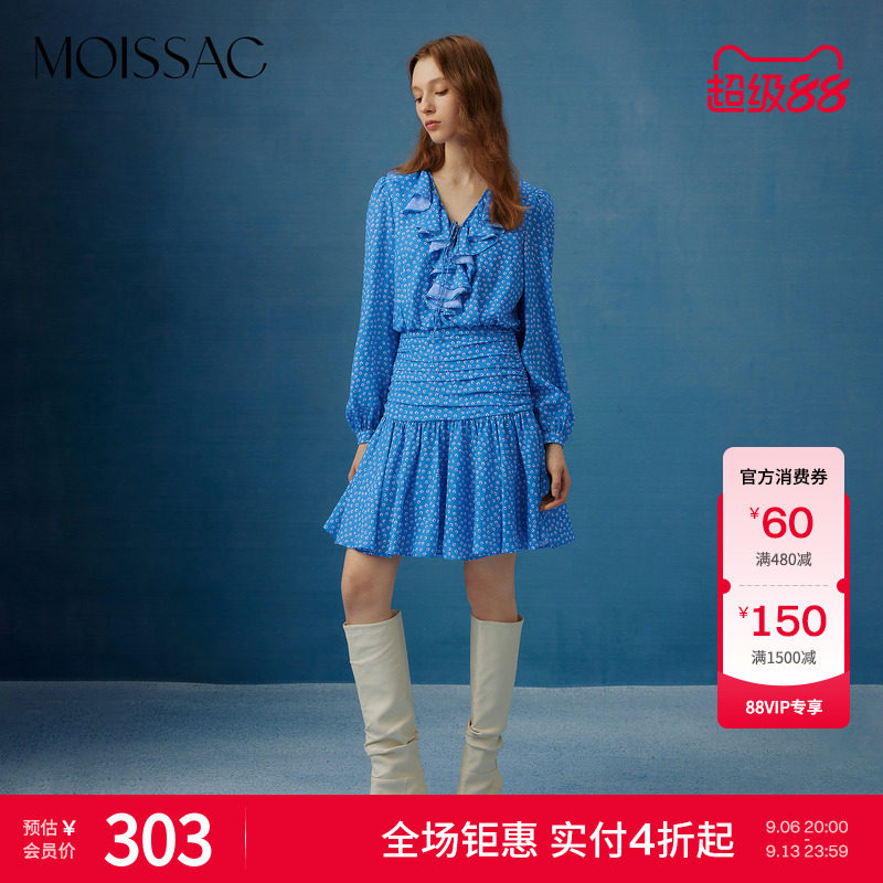 减龄高级波点蓝收腰长袖连衣裙图片