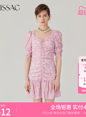 商场同款 摩萨克夏法式浪漫方领收腰抽褶连衣裙女