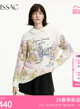 商场同款 摩萨克2026春新款艺术慵懒风城市印花毛针织套头衫女