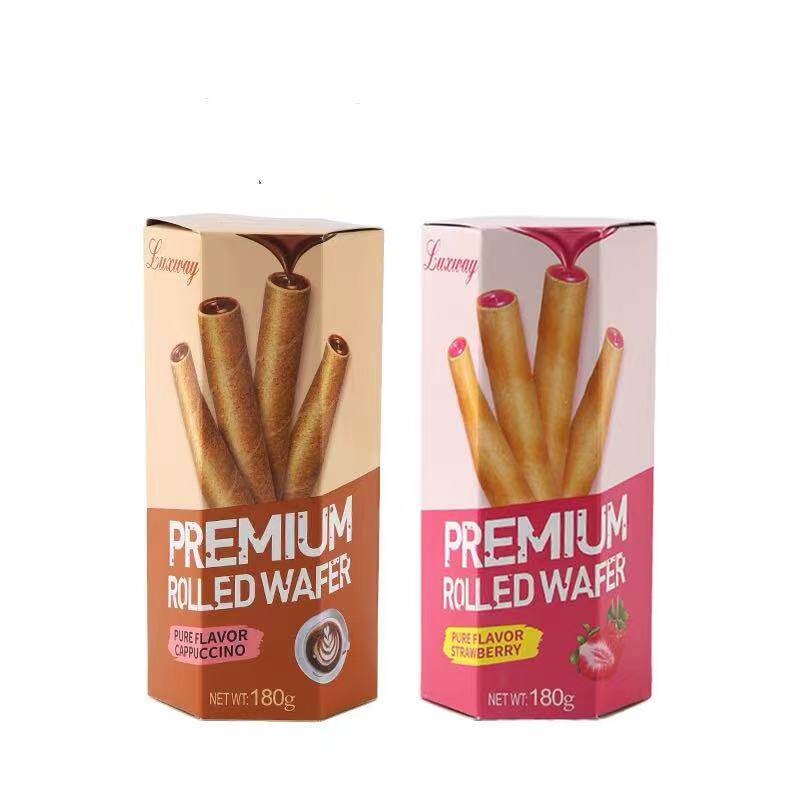 乐卡斯爆浆威化卷干酪巧克力草莓卡布奇诺味蛋卷零食180g*2饼干