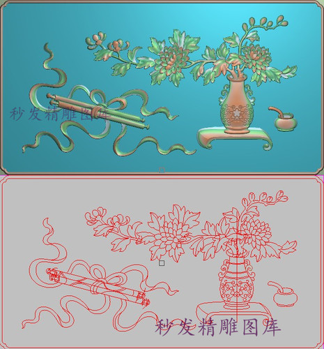 新款精雕图jdp浮雕图屏风下架花板飘带卷书菊花花瓶背板661x356