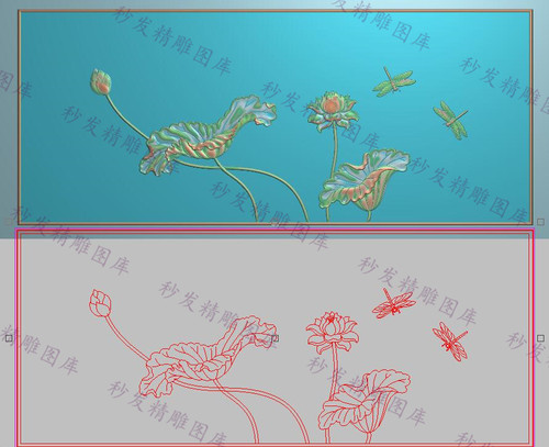 精雕图荷花床头靠背灰度浮雕图花鸟沙发简单背板莲花蜻蜓880x370