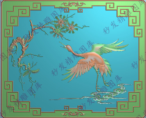 精品松鹤3精雕图jdp松针仙鹤枯枝檀雕花鸟沙发大床靠背板办公茶台