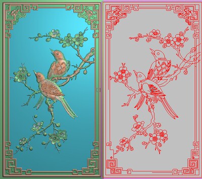 精雕图灰度图浮雕图檀雕梅花花鸟背板喜上眉梢门板竖喜鹊215x377