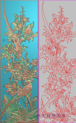 新款精雕图jdp灰度图bmp浮雕图牡丹花鸟凤凰牡丹大门板竖323x1033