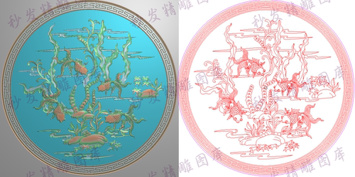 精雕图jdp灰度图金鱼水草金玉满堂圆台圆盘面板648x648浮雕图餐台