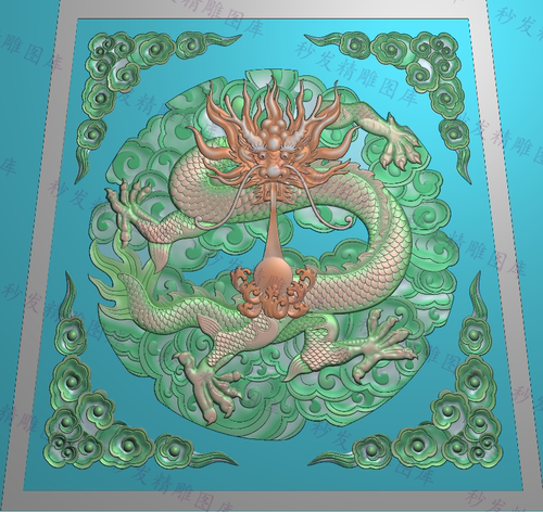 新款精雕图圆龙祥云面板灰度图云朵角花石雕图木雕真龙吐珠云底圆