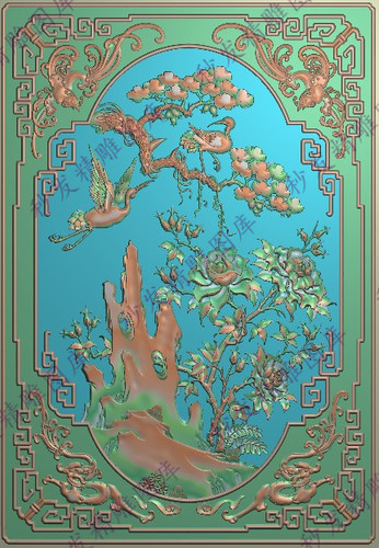 书柜门板牡丹松鹤精雕图jdp月季花鸟沙发大床靠背板博古架门板bmp
