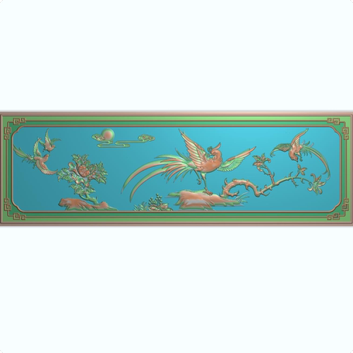 精雕图牡丹花鸟床靠背浮雕图祥云太阳牡丹花凤凰大背板横951x304