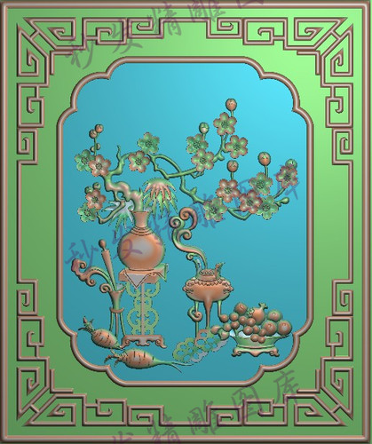 新款精雕图浮雕图梅花花瓶门板228x272书柜博古架电视柜沙发背板
