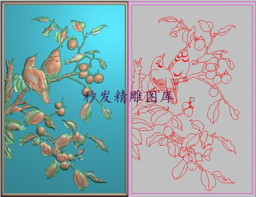 精雕图檀雕柿子花鸟背板灰度图浮雕梅子双鸟门板187x286事事如意