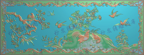 新款精雕图浮雕大班台花鸟面板1169x450梅花菊花鸟洋花框平几面板