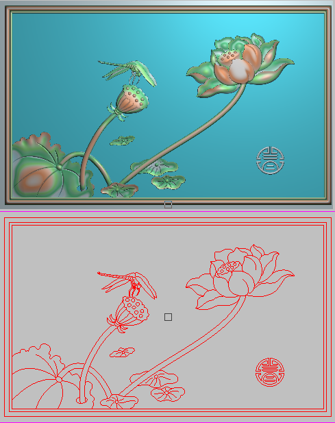 荷花沙发椅背板精雕图灰度图浮雕图雕刻荷花蜻蜓门板莲花543x338