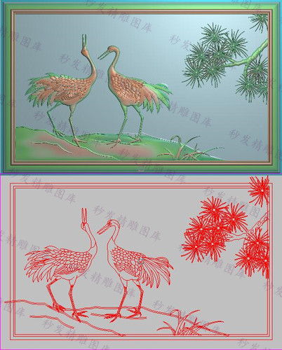 精雕图檀雕花鸟松鹤椅靠背浮雕图双鹤和鸣背板松枝仙鹤横535x335