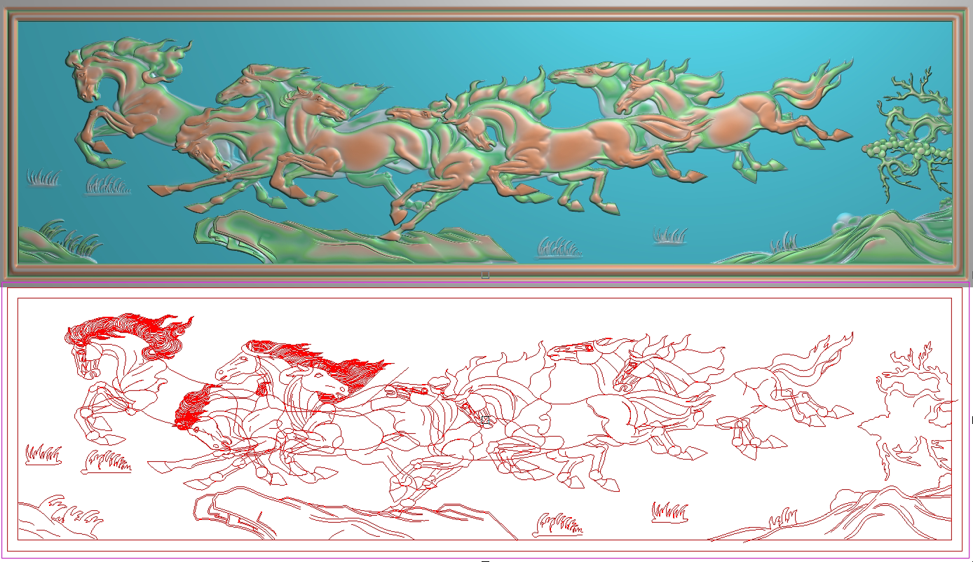 沙发大床八骏图精雕图jdp万马奔腾挂牌匾背板横板1820x520浮雕图