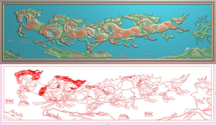 沙发大床八骏图精雕图jdp万马奔腾挂牌匾背板横板1820x520浮雕图