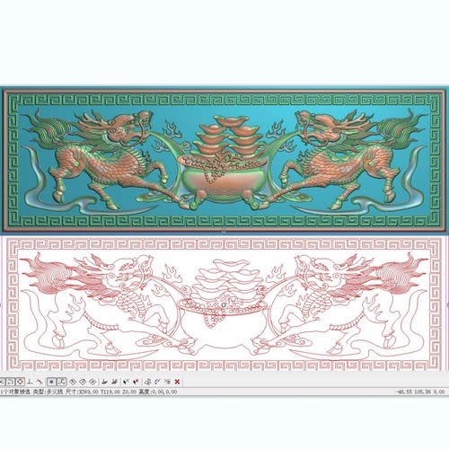 茶几台床头电视柜精雕图双麒麟狮子元宝聚宝盆围板挡板横369x119