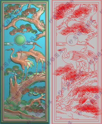 办公茶台浮雕图松鹤斜阳精雕图jdp餐椅背板竖花鸟门板仙鹤111x280