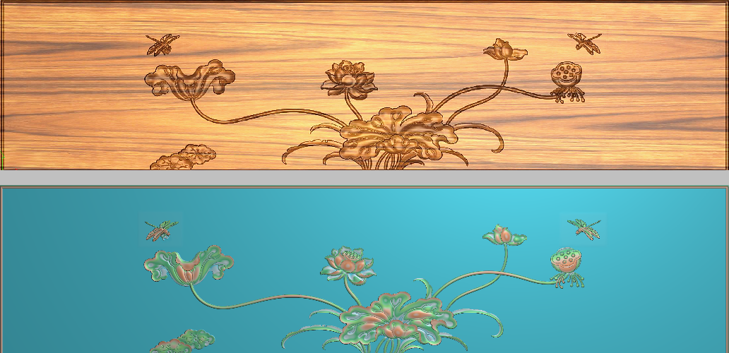 荷花蜻蜓大床靠背板精雕图灰度图浮雕图简单莲花沙发横板1530x366