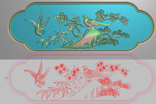 精雕图灰度浮雕图松竹梅花鸟围板小横板挡板扶手下花侧板392x136