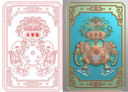 精雕图灰度图浮雕石砖雕精品1大象聚宝盆兰花花瓶背板门板190x285
