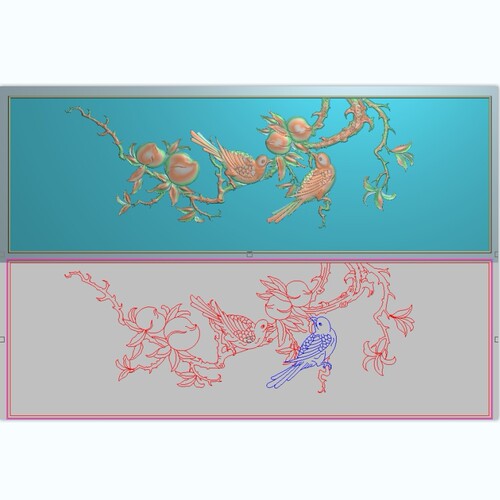 新款精雕图jdp浮雕图檀雕花鸟沙发床靠背桃子双鸟背板横1033x340