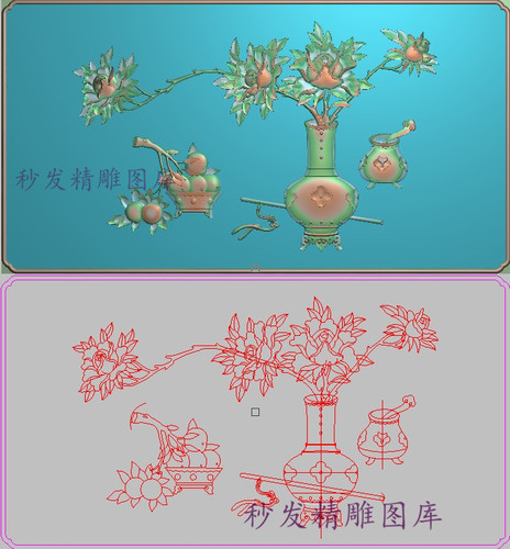 新款精雕图p浮雕图牡丹花瓶如意狮子花盆背板门板661x356沙发靠背