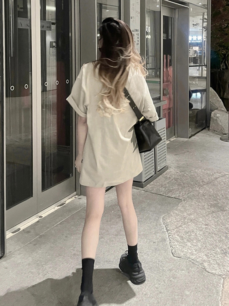 EUROPEAN AND AMERICAN NICHE FASHION BRAND T-SHIRTS WOMENS LETTER PRINTS SUMMER NEW LOOSE MID-LENGTH BOTTOMS MISSING HALF-SLEEVED TOPS