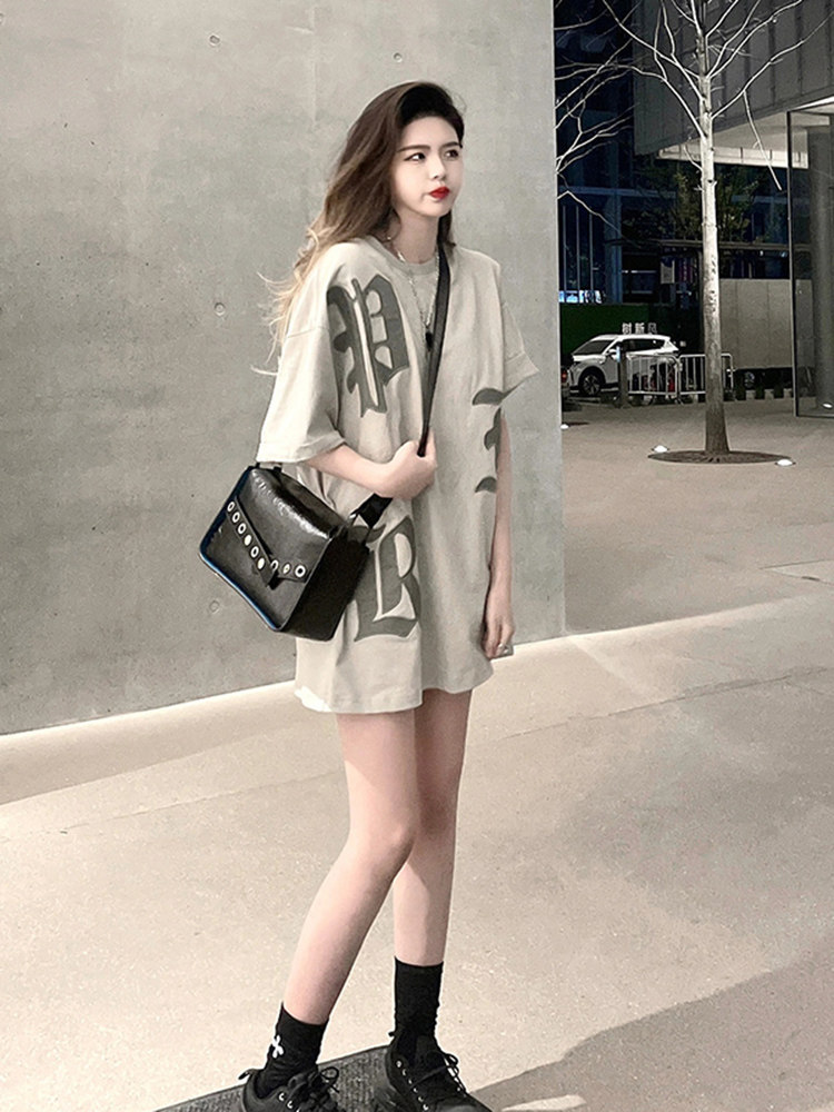 EUROPEAN AND AMERICAN NICHE FASHION BRAND T-SHIRTS WOMENS LETTER PRINTS SUMMER NEW LOOSE MID-LENGTH BOTTOMS MISSING HALF-SLEEVED TOPS