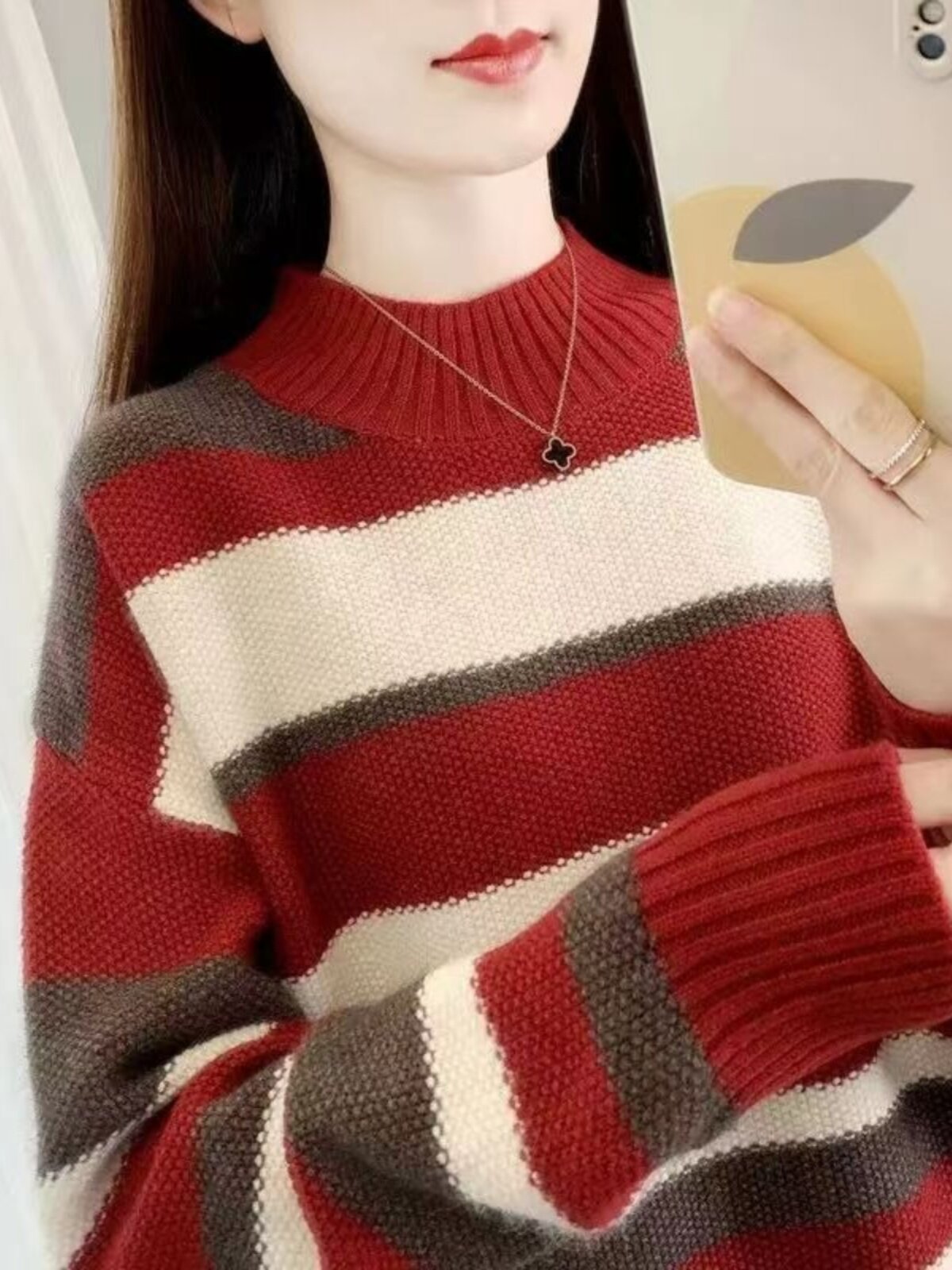 半高领毛衣女士秋冬季加绒加厚2025新款宽松大码针织衫条纹打底衫