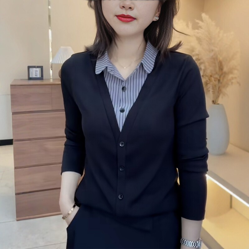 中年妈妈假两件Polo衫女秋季薄款新款宽松大码时尚洋气长袖衬衫