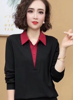 2026春季新款假两件翻领长袖T恤女士宽松大码气质打底衫休闲上衣