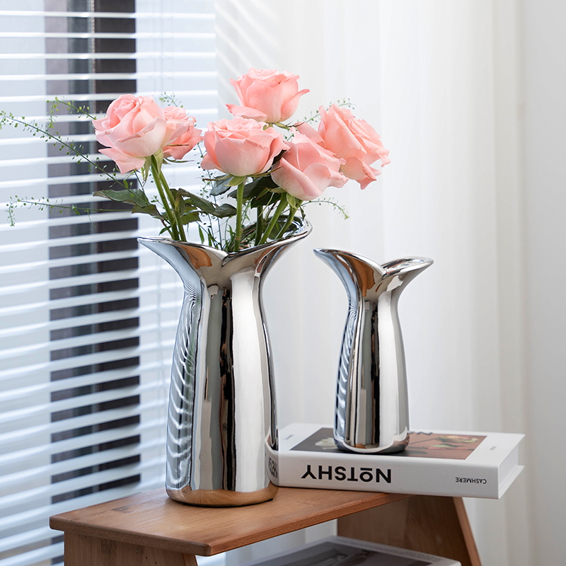 美式创意陶瓷花瓶高级感欧式轻奢银色客厅插花可水培鲜花餐桌摆件