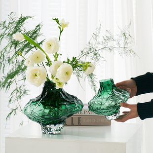 北欧创意艺术不规则花瓶玻璃轻奢插花高级感花器样板房软装 饰摆件