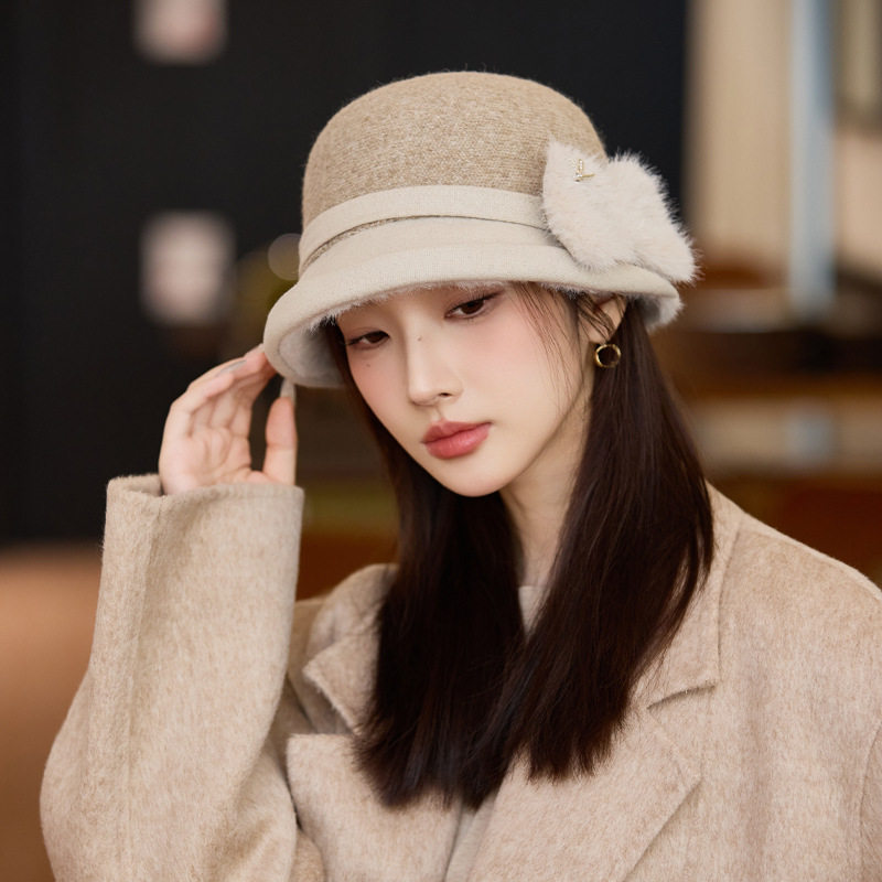 秋冬季帽子女款羊毛混纺渔夫帽中老年人妈妈帽气质蝴蝶结毛呢盆帽