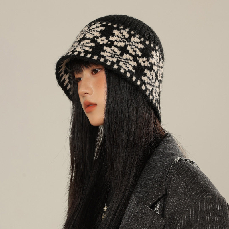 韩版秋冬天帽子女款拼色大头围针织帽防风保暖毛线帽时尚百搭盆帽