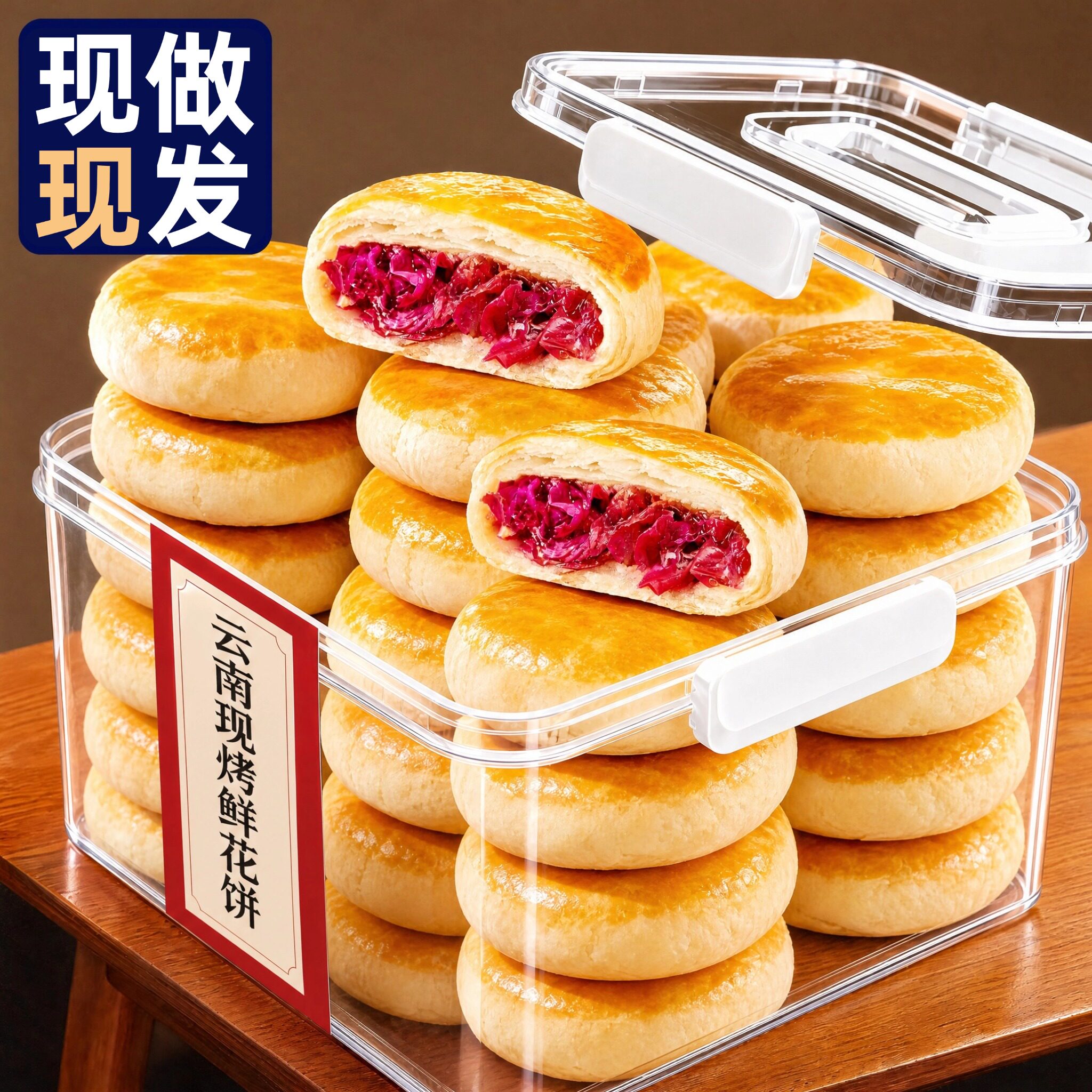 【老字号】云南现烤鲜花饼官方旗舰店头水玫瑰制作无添加零食糕点