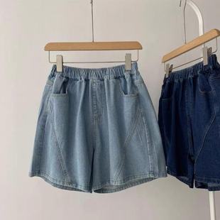 薄款 大碼 冰絲牛仔短褲 女夏季 胖mm梨型身材高腰a字外穿闊腿五分褲