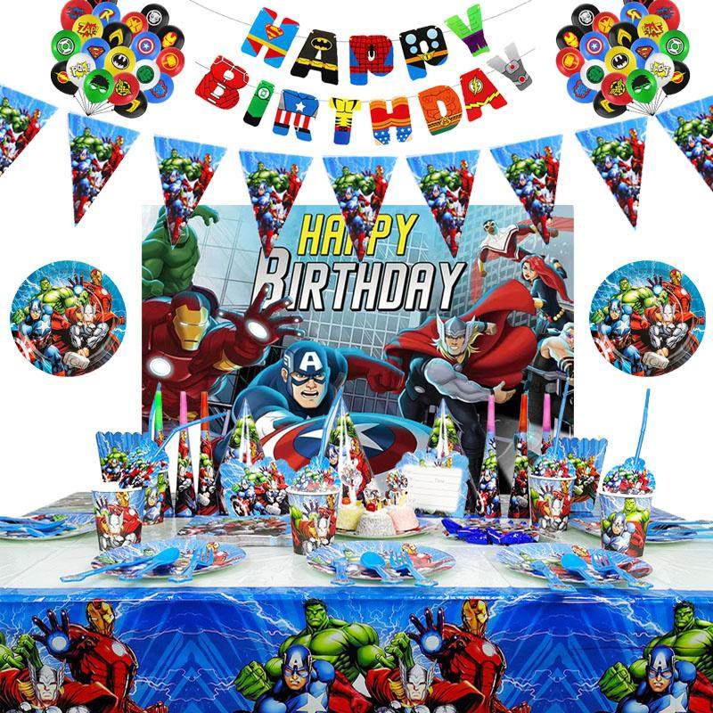 复仇者主题生日派对装饰餐具超级英雄纸盘纸杯帽桌布横幅气球海报