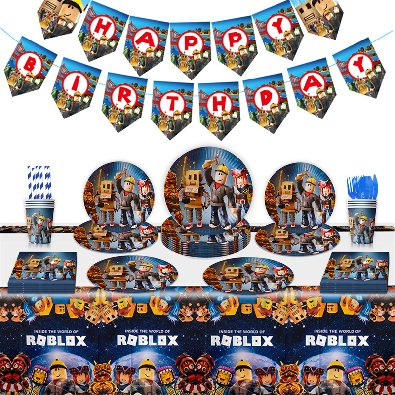 Roblox主题生日桌布纸盘纸杯拉旗