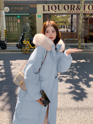 蓝色长款羽绒服女2025新款爆款加厚毛领巨好看的冬装外套女款冬季