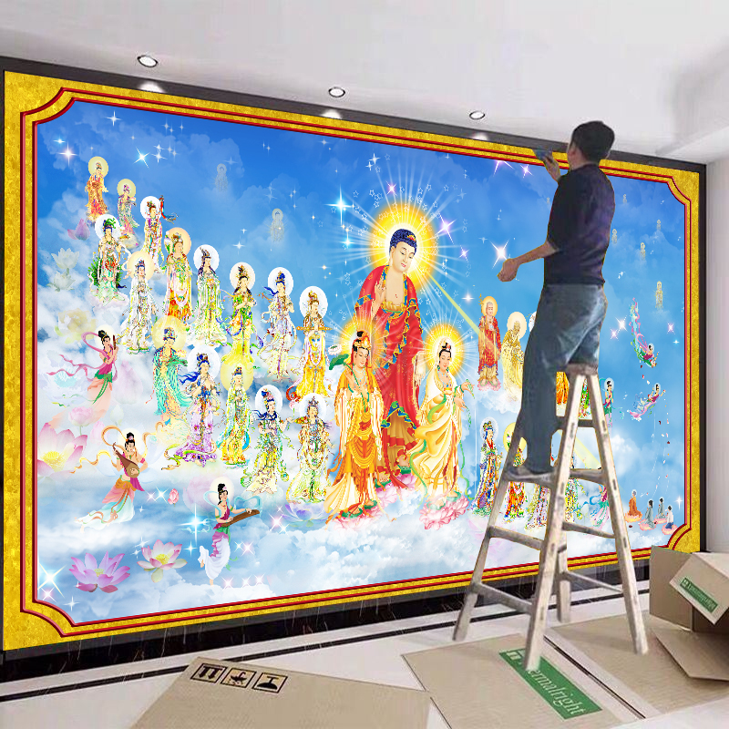 西方三圣壁纸接引图案墙纸佛堂寺庙佛像墙布极乐世界阿弥陀佛壁画