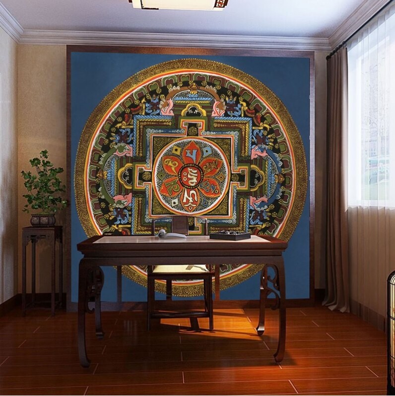 3d藏式风格佛堂坛城唐卡壁纸西藏佛像壁画花纹吊顶天花板墙纸