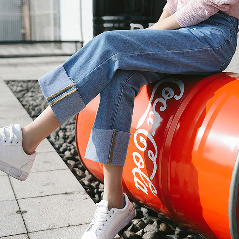 孕妇牛仔裤春秋款外穿夏薄款阔腿裤翻边裤脚2020大码宽松托腹直筒