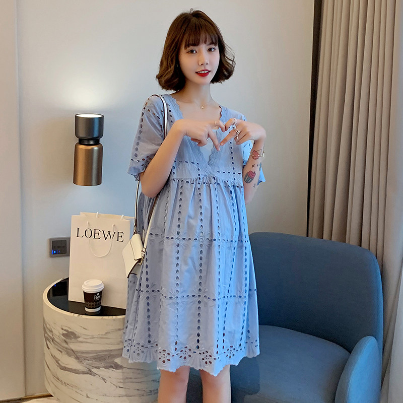 孕妇夏装套装两件套外出时尚款连衣裙宽松中长款蕾丝短袖潮妈洋气