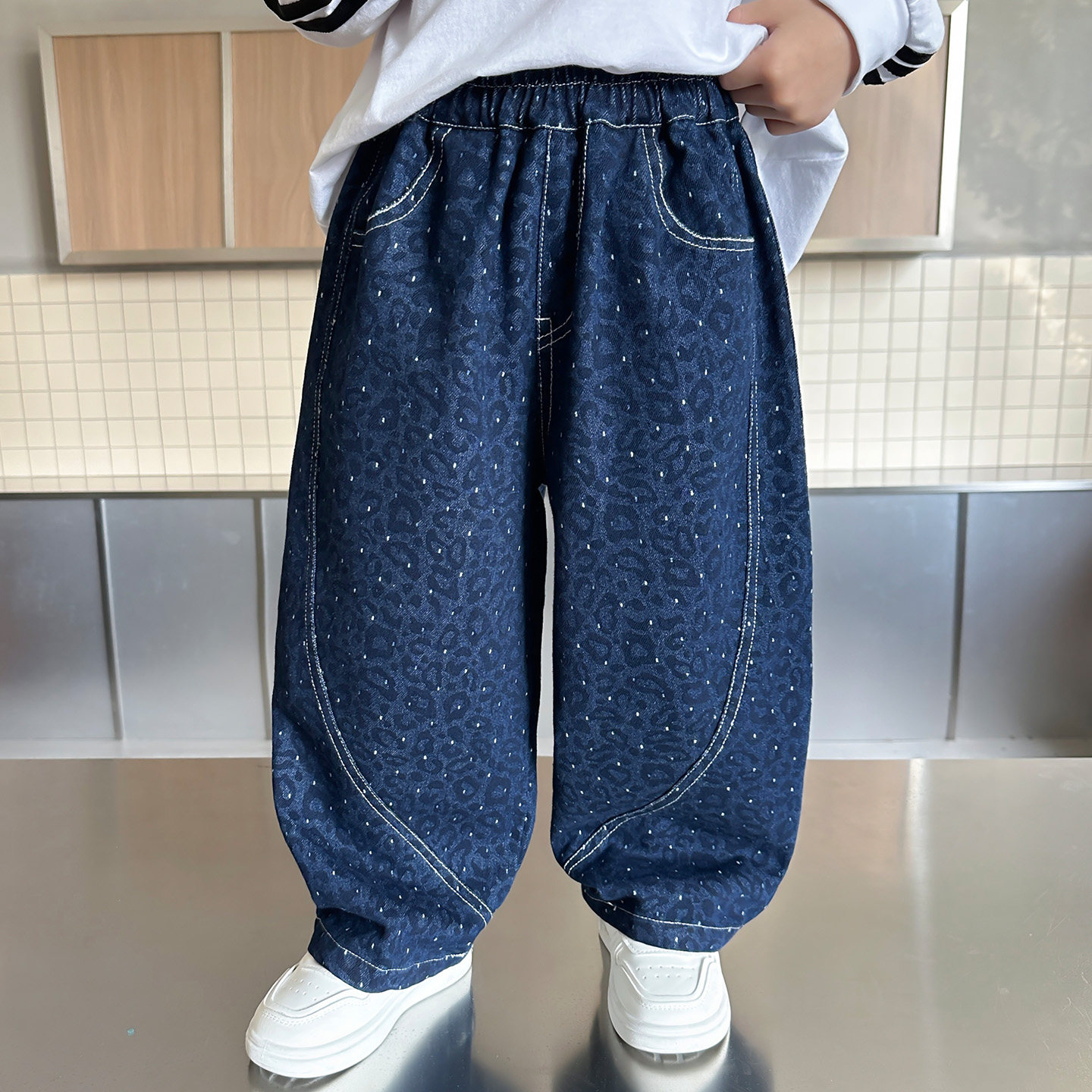 男童豹纹牛仔裤秋儿童宽松阔腿裤